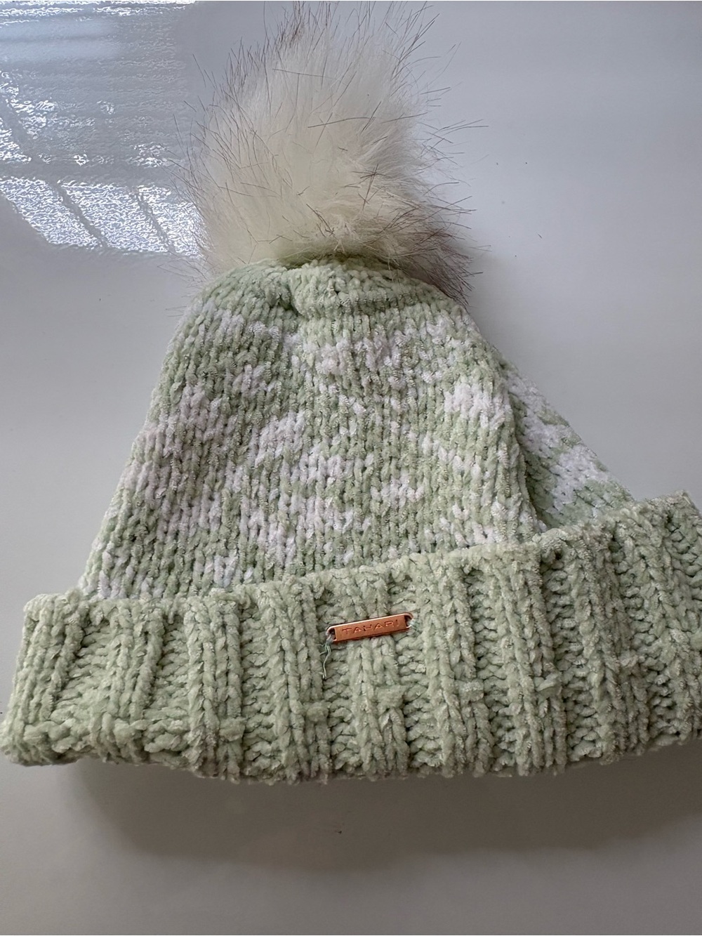 Tahari Mint Green and White Knit Pom Beanie